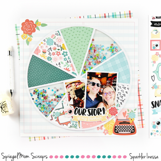 This is a 12x12 layout featuring a pie chart cutfile backed in various patterned papers. Two of the slices are showing the sequin mix in a shaker pocket style.